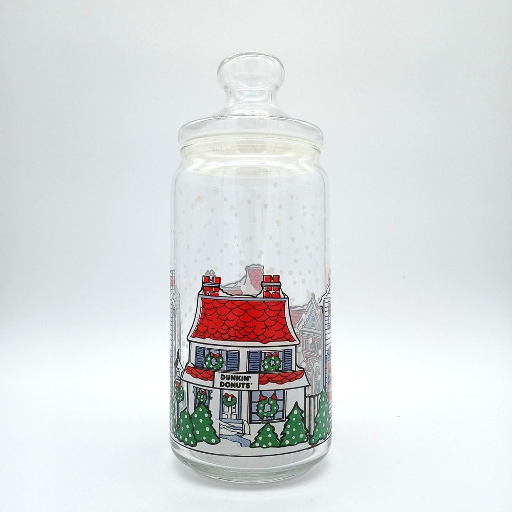 Dunkin Donuts Christmas Decor - Vintage 1990s Glass Jar w/ Lid 10"